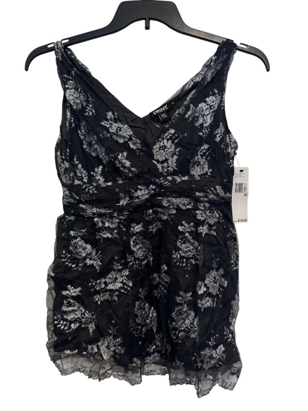Vintage y2k DKNY Black & Silver Floral Lace Sleeveless Top Size 8 MSRP $145